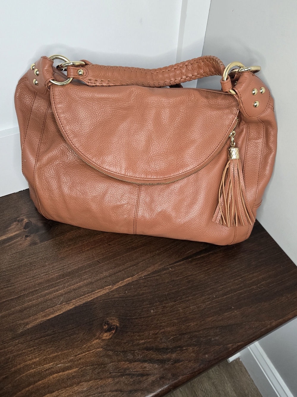 Genuine Leather Tassel Shoulder Hobo Bag in Cognac Tan